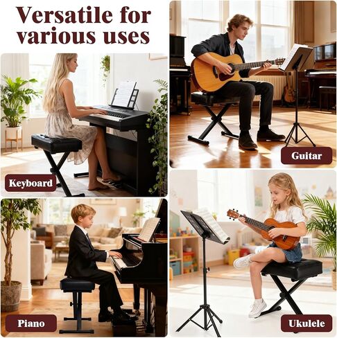 مقعد لوحة مفاتيح بيانو قابل للتعديل - مقعد لوحة مفاتيح قابل للطي مع أقدام مضادة للانزلاق، ارتفاع 3 مستويات مناسب للبالغين والأطفال، تصميم أزرار كلاسيكي، وسادة جلدية PU ممتازة، مقعد بيانو محمول (أسود) in Kuwait