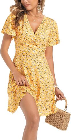 chongbaijia 3 قطعة نسائية Sundresses الصيف الأزهار قصيرة الأكمام التفاف v الرقبة a-line midi فساتين العطلات غير الرسمية 2025 in Saudi Arabia