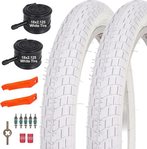 2 Sets 18 Inch Kids Bike Tire White Color, 18x2.125 Street Bike Tire and Tube Straight Stem Compatible with BMX Joystar Balance Bike Road Bicycle Folding Bike in Saudi Arabia