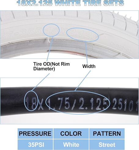 2 Sets 18 Inch Kids Bike Tire White Color, 18x2.125 Street Bike Tire and Tube Straight Stem Compatible with BMX Joystar Balance Bike Road Bicycle Folding Bike in Saudi Arabia
