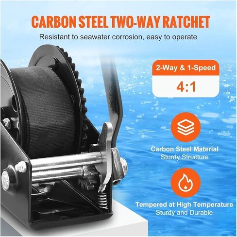 ونش كرنك يدوي، ونش يدوي، ونش مقطورة قارب، حبل كرنك عالي التحمل مع حزام بوليستر بطول 23 قدمًا وسقاطة ثنائية الاتجاه، ونش كرنك يعمل يدويًا، للمقطورة والقارب، 2000 رطل-1 in Kuwait