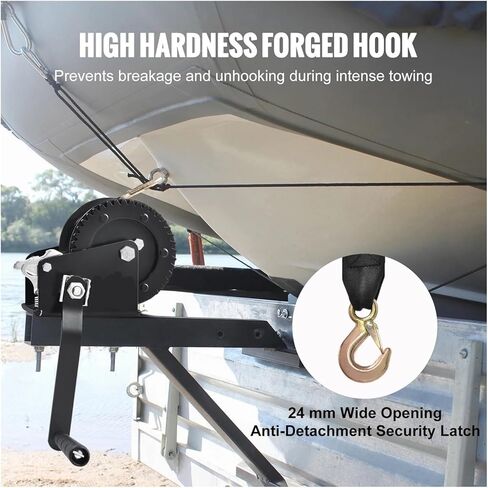 ونش كرنك يدوي، ونش يدوي، ونش مقطورة قارب، حبل كرنك عالي التحمل مع حزام بوليستر بطول 23 قدمًا وسقاطة ثنائية الاتجاه، ونش كرنك يعمل يدويًا، للمقطورة والقارب، 2000 رطل-1 in Kuwait