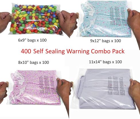 حزمة كومبو Wowfit 400 قيراط - 6x9,8x10,9x12,11x14 بوصة أكياس بولي شفافة ذاتية الغلق مع تحذير من الاختناق، لاصق قوي، غير قابل للإغلاق، عدد 400، متوافق مع FBA in Kuwait