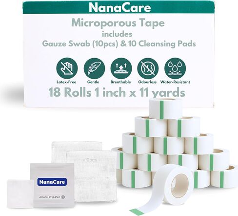 Paper Medical Tape Waterproof, 18 Rolls x 1 inch + 10 pc Gauze Pads - Hypoallergenic Surgical Tape for Wound Care, Dressings & Face, First Aid Waterproof Bandage for Sensitive Skin - NanaCare in Kuwait