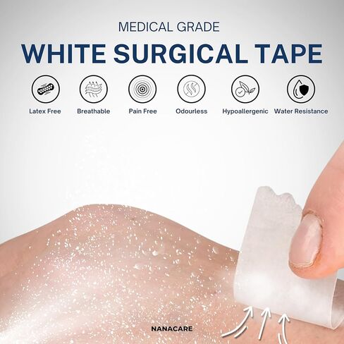 Paper Medical Tape Waterproof, 18 Rolls x 1 inch + 10 pc Gauze Pads - Hypoallergenic Surgical Tape for Wound Care, Dressings & Face, First Aid Waterproof Bandage for Sensitive Skin - NanaCare in Kuwait