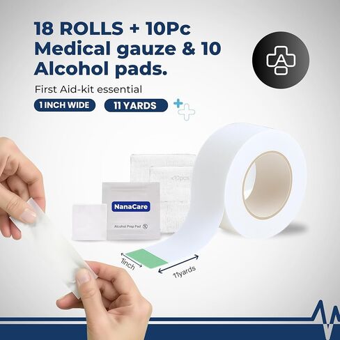 Paper Medical Tape Waterproof, 18 Rolls x 1 inch + 10 pc Gauze Pads - Hypoallergenic Surgical Tape for Wound Care, Dressings & Face, First Aid Waterproof Bandage for Sensitive Skin - NanaCare in Kuwait