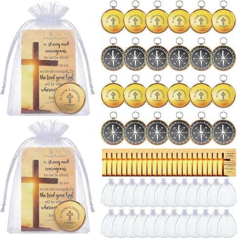 Relaxweex 24 Set Mini Christian Compass Christian Gift for Men Compass with Cards and White Drawstring Organza Bag Bible Scripture Cards Religious Gifts for Men Graduation Gift Wedding in Saudi Arabia