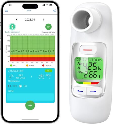 Nascool Upgraded Digital Peak Flow Meter FEV1 PEF for Asthma Adult, Kids w/Green LCD Display, Home Spirometer Testing Device with Bluetooth APP for Children in Kuwait