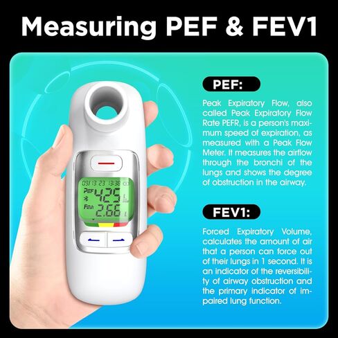 Nascool Upgraded Digital Peak Flow Meter FEV1 PEF for Asthma Adult, Kids w/Green LCD Display, Home Spirometer Testing Device with Bluetooth APP for Children in Kuwait
