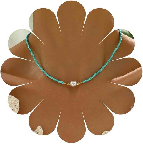 قلادة حبة Boho Boho Boho Boho قلادة خمر سلسلة حبة الأرز قلادة صغيرة من سلسلة لؤلؤة لؤلؤة هاواي الترقوة للشاطئ للنساء (أبيض) in Saudi Arabia