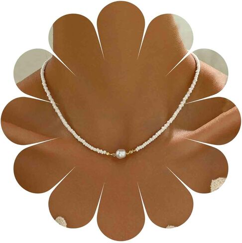 قلادة حبة Boho Boho Boho Boho قلادة خمر سلسلة حبة الأرز قلادة صغيرة من سلسلة لؤلؤة لؤلؤة هاواي الترقوة للشاطئ للنساء (أبيض) in Kuwait