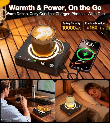 جهاز تسخين الأكواب، عمر بطارية لاسلكي 180 دقيقة، شاحن محمول 10000 مللي أمبير في الساعة، جهاز تسخين كوب القهوة اللاسلكي للمكتب، 3 إعدادات لدرجة الحرارة، لوحة تسخين شمعة ذكية للمنزل والمكتب والسفر والتخييم وهدايا للرجال in Kuwait