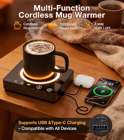 Mug Warmer, Cordless 180 Min Battery Life, 10000mAh Portable Charger, Wireless Coffee Cup Warmer for Desk, 3 Temp Settings, Smart Candle Heat Plate for Home, Office, Travel, Camping & Gifts for Men in Saudi Arabia