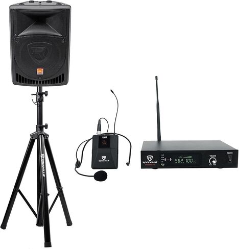 Rockville DJ PA Bundle: RPG8 8" Powered 400W Peak / 100W RMS 2-Way Speaker, RVES05 Heavy Duty Tripod Stand, RWM61U UHF Wireless Headset & Guitar Mic System, 3-Items in Saudi Arabia
