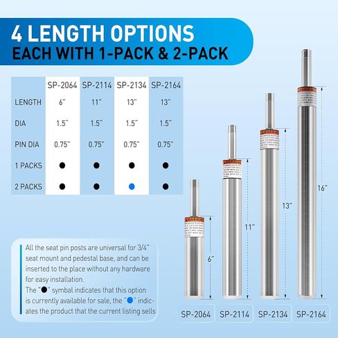 SP-2134 2 Packs Lock-Pin 3/4" Boat Seat Post - 13" Tall Aluminum Non-Threaded Pin Post 1.5" Diameter for Fishing Pontoon Cruising Boats, Come with 2 Packs in Saudi Arabia