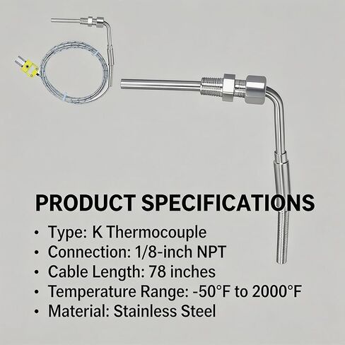 مسبار حراري مزدوج لدرجة حرارة العادم من النوع K، مستشعر درجة حرارة العادم مقاس 1/8 بوصة NPT | كابل 76 بوصة، نطاق -50 درجة فهرنهايت إلى 2000 درجة فهرنهايت | مناسب لتطبيقات الشاحن التوربيني وضبط الأداء البحري in Kuwait