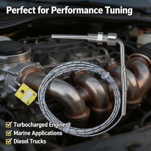 مسبار حراري مزدوج لدرجة حرارة العادم من النوع K، مستشعر درجة حرارة العادم مقاس 1/8 بوصة NPT | كابل 76 بوصة، نطاق -50 درجة فهرنهايت إلى 2000 درجة فهرنهايت | مناسب لتطبيقات الشاحن التوربيني وضبط الأداء البحري in Kuwait