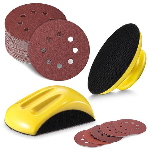 Huwena 5 Inch Hook and Loop Sanding Block Set, 2 Pcs Round and Mouse Sanding Block with 50 Pcs Different Grit Discs Sandpapers, Sand Paper for Wood Furniture Restoration Home Arts and Crafts in Saudi Arabia