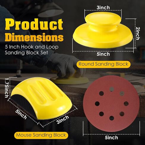 Huwena 5 Inch Hook and Loop Sanding Block Set, 2 Pcs Round and Mouse Sanding Block with 50 Pcs Different Grit Discs Sandpapers, Sand Paper for Wood Furniture Restoration Home Arts and Crafts in Saudi Arabia