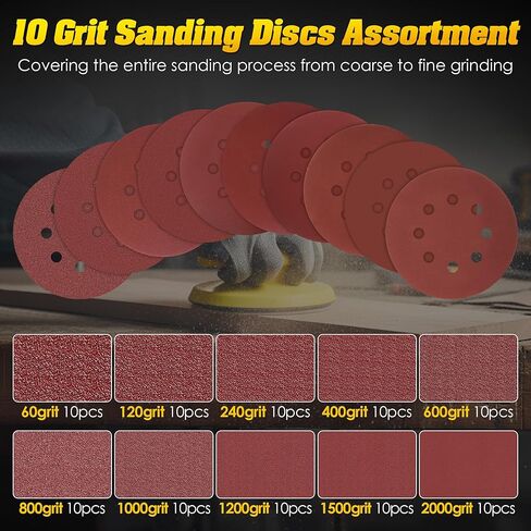 Huwena 5 Inch Hook and Loop Sanding Block Set, 2 Pcs Round and Mouse Sanding Block with 50 Pcs Different Grit Discs Sandpapers, Sand Paper for Wood Furniture Restoration Home Arts and Crafts in Saudi Arabia