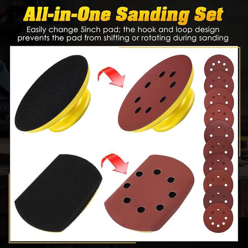 Huwena 5 Inch Hook and Loop Sanding Block Set, 2 Pcs Round and Mouse Sanding Block with 50 Pcs Different Grit Discs Sandpapers, Sand Paper for Wood Furniture Restoration Home Arts and Crafts in Saudi Arabia