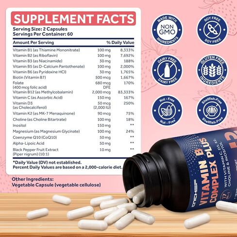17 في 1 فيتامين ب المركب بلس - فيتامين ب1، ب2، ب3، ب4، ب5، ب6، ب7 (البيوتين)، ب8 (اينوزيتول)، ب9، ب12، ج، د3، ك2، الطاقة، المناعة، البشرة، دعم الأعصاب للرجال والنساء - 120 كبسولة in Kuwait