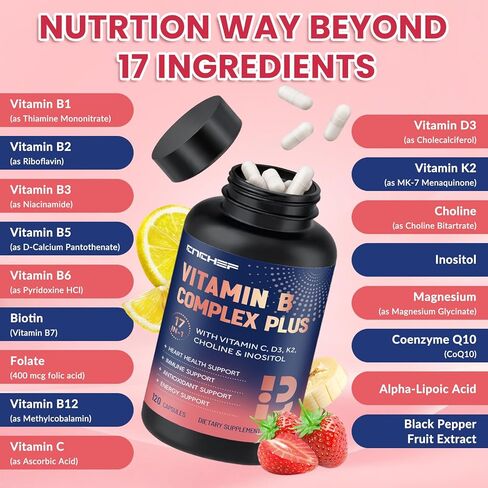 17 في 1 فيتامين ب المركب بلس - فيتامين ب1، ب2، ب3، ب4، ب5، ب6، ب7 (البيوتين)، ب8 (اينوزيتول)، ب9، ب12، ج، د3، ك2، الطاقة، المناعة، البشرة، دعم الأعصاب للرجال والنساء - 120 كبسولة in Kuwait