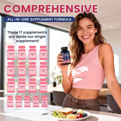 17 في 1 فيتامين ب المركب بلس - فيتامين ب1، ب2، ب3، ب4، ب5، ب6، ب7 (البيوتين)، ب8 (اينوزيتول)، ب9، ب12، ج، د3، ك2، الطاقة، المناعة، البشرة، دعم الأعصاب للرجال والنساء - 120 كبسولة in Kuwait