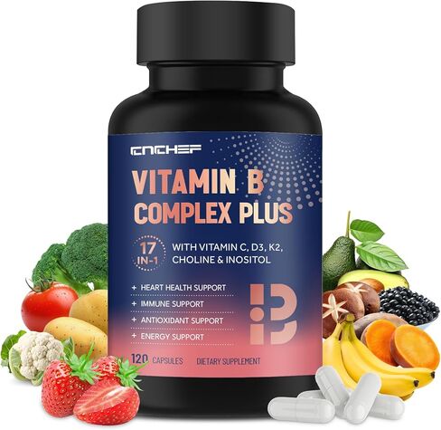 17 في 1 فيتامين ب المركب بلس - فيتامين ب1، ب2، ب3، ب4، ب5، ب6، ب7 (البيوتين)، ب8 (اينوزيتول)، ب9، ب12، ج، د3، ك2، الطاقة، المناعة، البشرة، دعم الأعصاب للرجال والنساء - 120 كبسولة in Kuwait