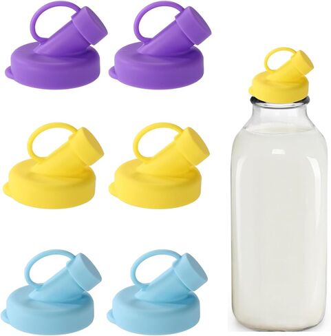 6pcs Milk Glass Bottles Lids, 48mm Diameter Silicone Bottle Lids for Stanpac & Libbey Milk Glass Bottles Reusable Airtight Bottle Dispenser Caps Dishwasher-Safe (Purple, Yellow, Blue) in Saudi Arabia