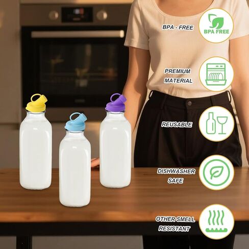 6pcs Milk Glass Bottles Lids, 48mm Diameter Silicone Bottle Lids for Stanpac & Libbey Milk Glass Bottles Reusable Airtight Bottle Dispenser Caps Dishwasher-Safe (Purple, Yellow, Blue) in Saudi Arabia