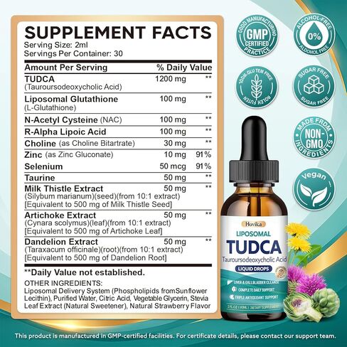 TUDCA Bile Salts 1200mg Liquid Drops, Tudca Supplement with Choline, ALA, NAC, Glutathione & Herbal Extract for Bile Flow, Gallbladder Health & Antioxidant Defense, Strawberry Flavor, 2 Fl Oz in Kuwait
