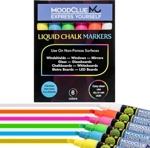 Liquid chalk markers 12 neon erasable for Whiteboards, Glass Boards, Chalkboards, Windows, Mirrors, Car Windshields, Auto Glass. Odorless, non-toxic. Wet or dry erase. Thick and thin tip in Kuwait