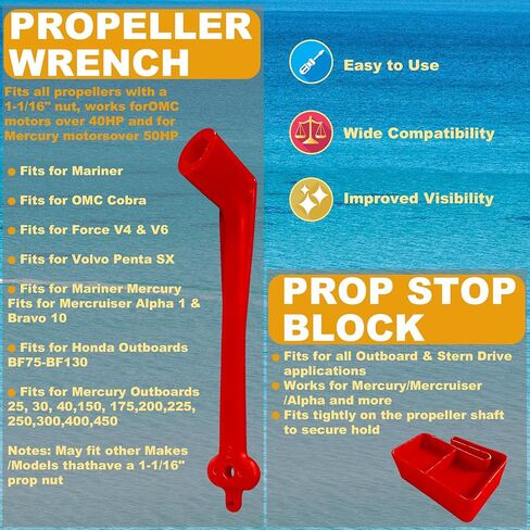 Polymer Propeller Wrench 1-1/16" Nut Wrench & Prop Stop Propeller Stop Fit Mercury/Mercruiser/OMC,Marine Boat Prop for All Outboard & Stern Drive Applications,Light-Weight, Rustproof Plastic,Red(27mm) in Kuwait