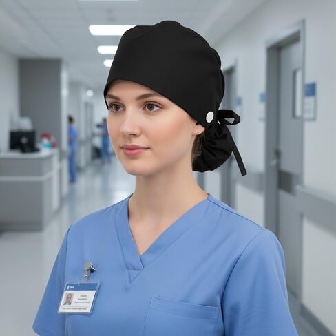 قبعة كبيرة مبطنة بالساتان، قبعة عمل قابلة للتعديل مع زر، قبعات رأس الممرضة ذات الشعر الطويل، قبعة ممرضة قطنية مع جيب على شكل ذيل حصان وربطة عنق مرنة سوداء in Saudi Arabia