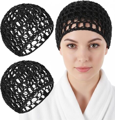 2 Pieces Crochet Hair Net, Hair Wrap Net Breathable for Sleeping & Shower, Soft Rayon Knit Snood Cap for Women, Black (Reusable & Stretchy) in Kuwait