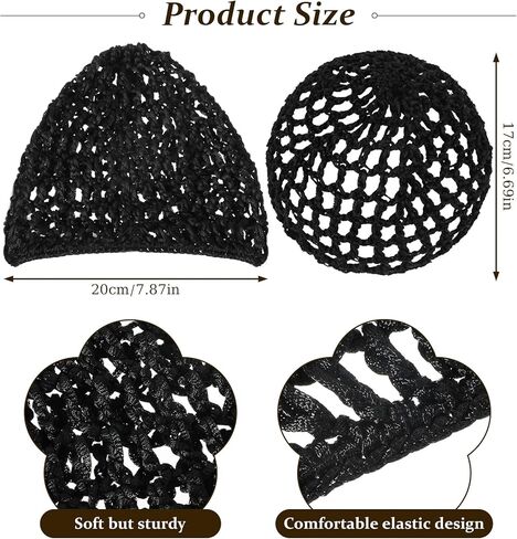 2 Pieces Crochet Hair Net, Hair Wrap Net Breathable for Sleeping & Shower, Soft Rayon Knit Snood Cap for Women, Black (Reusable & Stretchy) in Kuwait