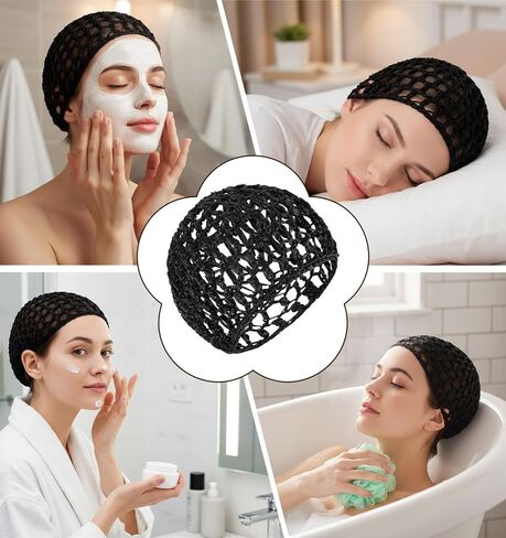 2 Pieces Crochet Hair Net, Hair Wrap Net Breathable for Sleeping & Shower, Soft Rayon Knit Snood Cap for Women, Black (Reusable & Stretchy) in Kuwait