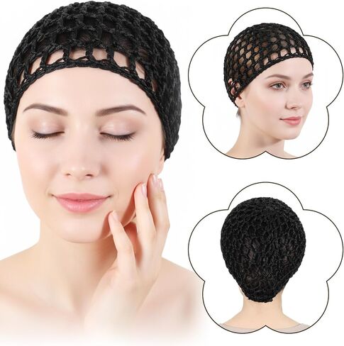 2 Pieces Crochet Hair Net, Hair Wrap Net Breathable for Sleeping & Shower, Soft Rayon Knit Snood Cap for Women, Black (Reusable & Stretchy) in Kuwait
