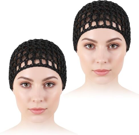 2 Pieces Crochet Hair Net, Hair Wrap Net Breathable for Sleeping & Shower, Soft Rayon Knit Snood Cap for Women, Black (Reusable & Stretchy) in Kuwait