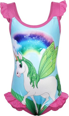 Girls Summer Cute Unicorn Print One-Piece Swimsuit Kids Flutter Sleeve Swimwear for Pool Beach in Saudi Arabia