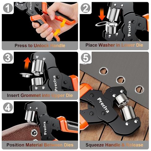 Preciva 3-Size Grommet Tool Kit of 1/2" 1/4" 3/8" - Hole Punch & Eyelet Setting Tool with 300Pcs Grommets | Handheld Eyelet Plier for Tarps, Tents, Canvas, Vinyl & Leather Crafting in Kuwait
