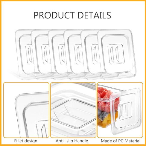 6 قطع من أغطية مقلاة الطعام NSF بمقبض | بولي كربونات مقاس 1/6 | أغطية حاويات مطعم الفندق للمطبخ التجاري | بلاستيك شفاف آمن للاستخدام في غسالة الأطباق in Kuwait