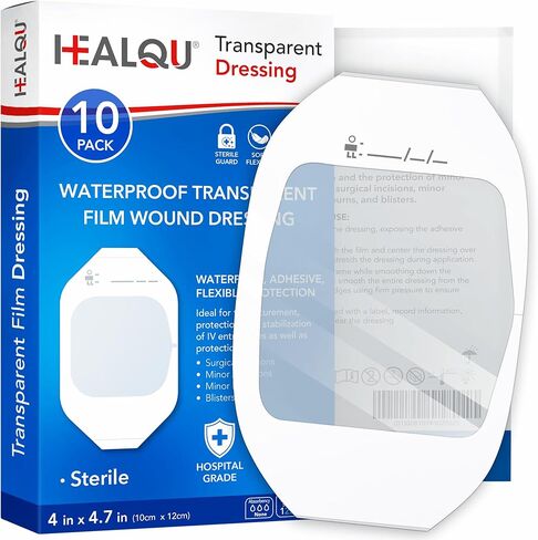 ضمادة شفافة مقاس 10.16 سم × 11.43 سم (10 عبوات) - ضمادات جروح لاصقة مقاومة للماء للاستحمام بعد العمليات الجراحية، درع IV، رعاية ما بعد الوشم، رقع شفافة قابلة للتنفس من HEALQU in Kuwait