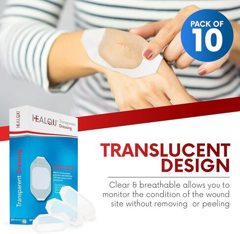 ضمادة شفافة مقاس 10.16 سم × 11.43 سم (10 عبوات) - ضمادات جروح لاصقة مقاومة للماء للاستحمام بعد العمليات الجراحية، درع IV، رعاية ما بعد الوشم، رقع شفافة قابلة للتنفس من HEALQU in Kuwait