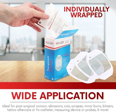 ضمادة شفافة مقاس 10.16 سم × 11.43 سم (10 عبوات) - ضمادات جروح لاصقة مقاومة للماء للاستحمام بعد العمليات الجراحية، درع IV، رعاية ما بعد الوشم، رقع شفافة قابلة للتنفس من HEALQU in Kuwait