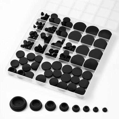 135Pcs Black Rubber Plug Box, 8 Sizes Rubber Plugs for Round Holes, 1" 3/4" 5/8" 1/2" 3/8" 5/16" 1/4" 1/5" Round Hole Silicone Tool Various Sizes of Silicone Plugs for Car/Furniture/Offices in Saudi Arabia