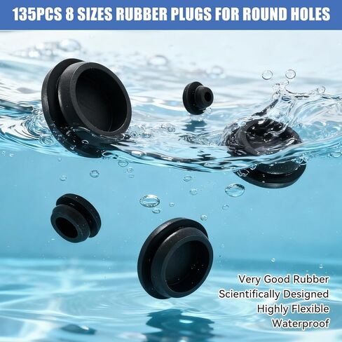135Pcs Black Rubber Plug Box, 8 Sizes Rubber Plugs for Round Holes, 1" 3/4" 5/8" 1/2" 3/8" 5/16" 1/4" 1/5" Round Hole Silicone Tool Various Sizes of Silicone Plugs for Car/Furniture/Offices in Saudi Arabia
