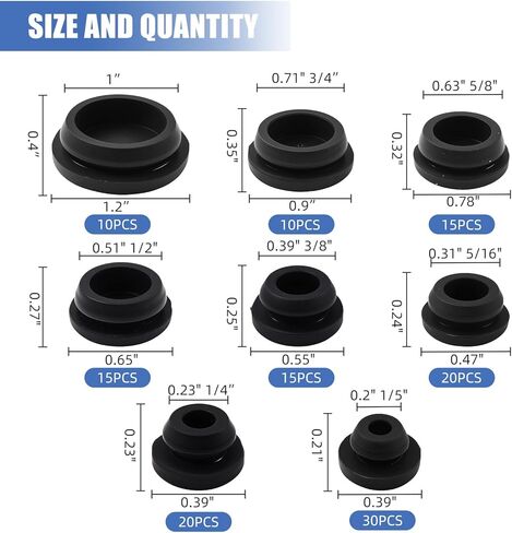 135Pcs Black Rubber Plug Box, 8 Sizes Rubber Plugs for Round Holes, 1" 3/4" 5/8" 1/2" 3/8" 5/16" 1/4" 1/5" Round Hole Silicone Tool Various Sizes of Silicone Plugs for Car/Furniture/Offices in Saudi Arabia