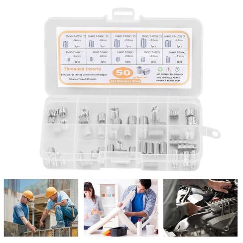 50Pcs Threaded Inserts Stainless Steel Thread Insert Assortment Kit with Storage Box Silver in Saudi Arabia